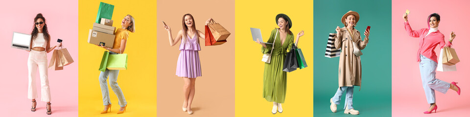 Sticker - Set of women with bags, laptops and parcels on color background. Online shopping