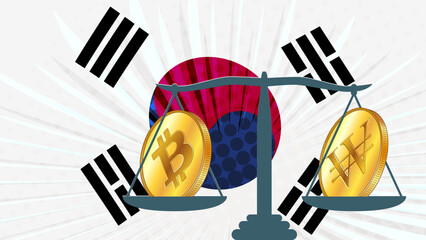 Canvas Print - Gold coin of Bitcoin BTC and Republic of Korea won KRW on scales and colored South Korean flag on background. Central Bank of Korea adopts laws on digital assets CBDC.