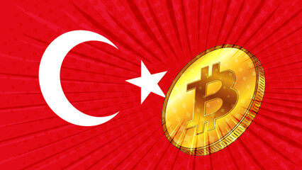 Wall Mural - Gold coin of Bitcoin BTC and colored flag of Turkey on background. Central Bank of Turkey adopts laws on mining and digital assets.