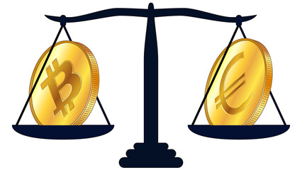 Canvas Print - Gold coin of Bitcoin BTC and Euro EUR on scales isolated on white background. Laws on digital assets CBDC. Design element.