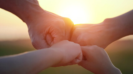 Happy family enjoys successful life at back sunset. Members give fists walking on evening meadow. Parents have business and can ensure children life closeup