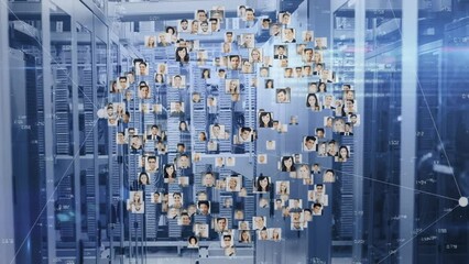 Sticker - Animation of diverse people portraits and data processing over server room