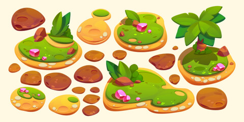 Wall Mural - game elements for level map ui design, islands with crystals, palm trees, green grass and rocks. car