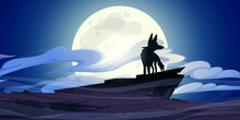 Wolf Stand On Rock Cliff At Night With Full Moon In Dark Starry Sky. Wild Animal Silhouette Stand On Mountain Top Howl Or Searching Prey. Werewolf, Dog Or Coyote Cartoon Character, Vector Illustration
