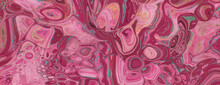 Paint Swirls In Beautiful Pink And Magenta Colors, With Gold Glitter. Luxurious Acrylic Pour Banner.