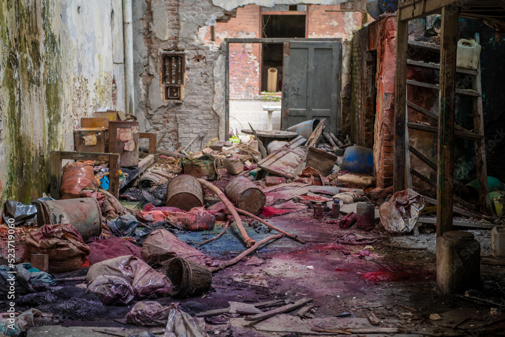 Abandoned industrial building interior covered with dangerous acid and ...