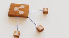 Network Technology Concept With Share Symbol On A Wooden Block. User Network Connections Are Represented With Blue String. White Background. 3D Render.