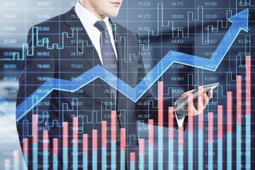 Wall Mural - Faceless businessman using smartphone with creative growing financial forex chart with upward arrow on blurry office interior background. Market, stock and trading concept. Double exposure.