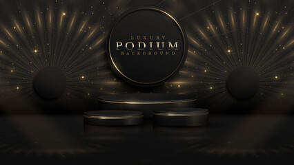 Black luxury background with product display podium and golden circle line elements and light rays decorations and stars effect and fireworks.
