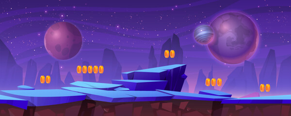 Wall Mural - space game level background with rocky platforms and golden bonus assets. extraterrestrial cosmic la