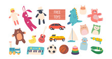 Set Of Free Toys, Donation Playthings Doll, Sheep, Rabbit And Dinosaur, Teddy Bear, Rubber Duck, Car And Piano Or Balls