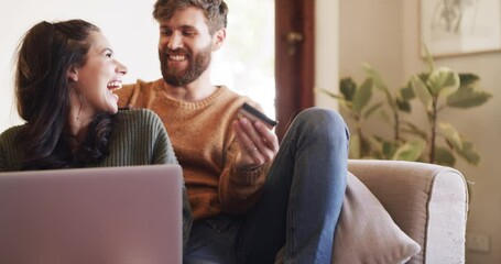 Sticker - Credit card, shopping online and easy payment an excited young couple relaxing at home and enjoying the weekend. Relaxed caucasian man and woman using a laptop to buy on a website