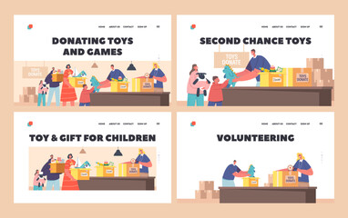 Wall Mural - Donate Toys Landing Page Template Set. Family with Kids Bringing Toys to Charity for Supporting Orphans