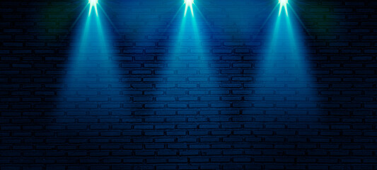 Wall Mural - Dark blue empty brick wall background, Retro signboard with bright spotlights and neon tubes. illustration