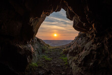 Sunset On The Last Hiding Place Of King Caractacus, A Cave On The Hill Fort Of Caer Caradoc In Shropshire, England