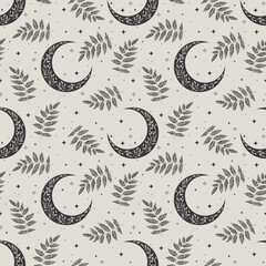 Wall Mural - Black and white boho seamless pattern with crescent, stars and fern. Bohemian modern background. Celestial wrapping paper.