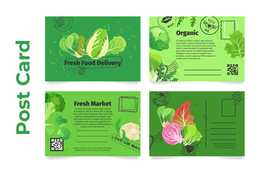 Fresh market organic vegetables food delivery postcard green design set vector illustration