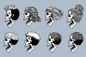 skull head with various hair and open mouth illustration set monochrome style