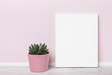 Print On Canvas Transparent Mockup Template With Succulent In Pink Flower Pot In Front Of Pink Wall