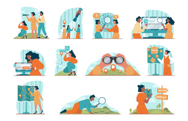 Wall Mural - search concept set. character looking for opportunities, decisions