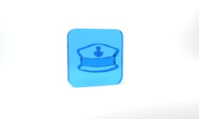 Canvas Print - Blue Captain hat icon isolated on grey background. Glass square button. 3d illustration 3D render