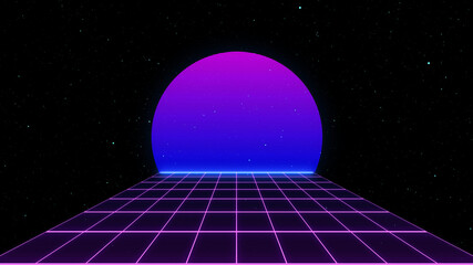 Poster - Retro style 80s video game background. Futuristic Grid landscape of the 80s. Digital Cyber Surface. Suitable for design in the style of the 1980s. 3D illustration