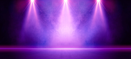 Wall Mural - The dark stage shows, dark purple, multicolored background, an empty dark scene, neon light, spotlights The asphalt floor and studio room with smoke float up the interior texture for display products