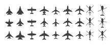 Black Airplanes Top View. Military Jet Fighter And Civil Aviation Cargo And Passenger Planes Silhouette Icons Aerial View. Vector Overhead Look Of Airplane Set. Small And Large Flying Vehicles