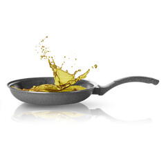 Sticker - Frying pan and splashing cooking oil on white background