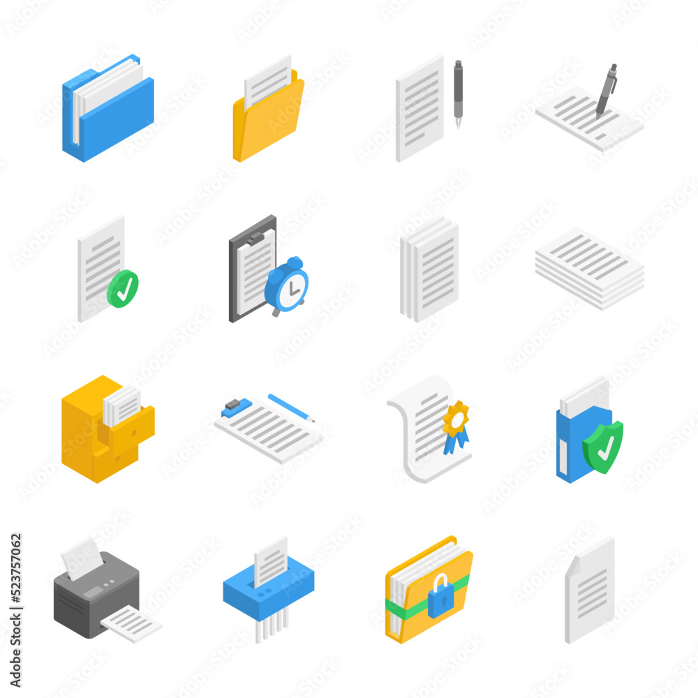 Document isometric icons set. Documentation. sheets of text. Paperwork ...