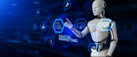 Wall Mural - Digital marketing automation concept. Robot pressing button on screen 3d render.