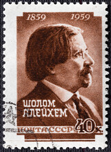 USSR - CIRCA 1959: Stamp Printed In USSR Russia Shows Portrait Of Sholem Aleichem Solomon Naumovich Rabinovich, 1859-1916 , Leading Yiddish Author And Playwright.