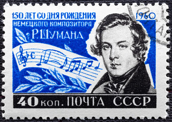 Wall Mural - RUSSIA - CIRCA 1960: a stamp printed in the Russia shows Robert Schumann, German Composer and Influential Music Critic.