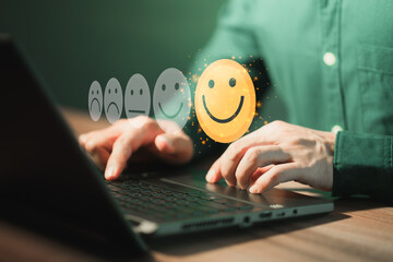 Poster - Man using a laptop in give rating to service experience on application. Online customer review satisfaction feedback survey and testimonial.