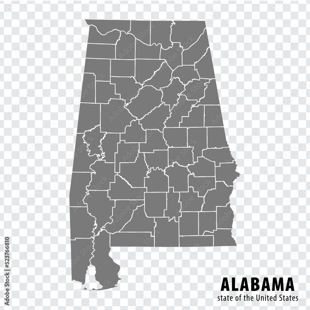 State Alabama map on transparent background. Blank map of Alabama with regions in gray for your web site design, logo, app, UI. USA. EPS10.