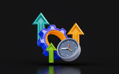 Wall Mural - gear sign with up arrow clock on dark background 3d render concept for productivity