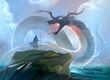 The brave is facing a terrifying monster. Its body protrudes above the water, to be seen as a large snake with the head of a dragon. digital painting, art style illustration

