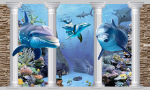 3d Image. Underwater World Of A Sunken Sailboat With Dolphins. 3d Photo Wallpapers.