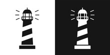 Illuminating Lighthouse Vector Sign. Maritime Light Emitting Lighthouse Tower, Navigation Symbol, Beacon Logo Isolated On Black And White Background