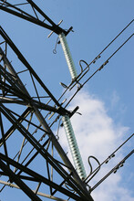 Electricity Pylon And Cables In Close Up