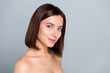 © deagreez - Portrait of joyful pretty lady look in mirror check new spa salon detox collagen treatment isolated over grey color background