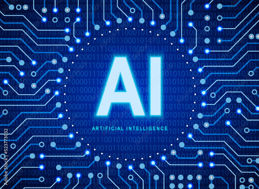 AI text on circuit neon lines and binary code background. Artificial ...