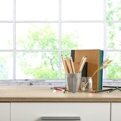 Canvas Print - desk of free space and school books 