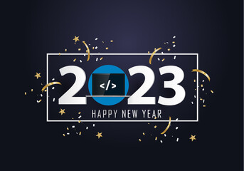 Wall Mural - happy new year 2023. year 2023 with laptop and programming code on screen