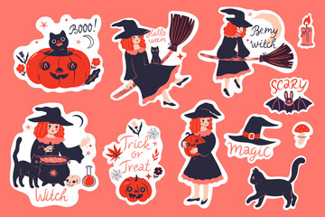 Wall Mural - Set of Halloween stickers with witches, cats, pumpkins, inscriptions. Vector graphics.