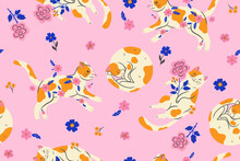 Seamless Pattern With Spotted Cats And Flowers. Vector Graphics.