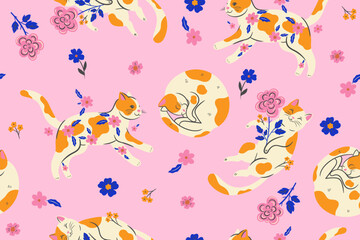 Seamless pattern with spotted cats and flowers. Vector graphics.
