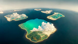 Fototapeta  - Islands in the ocean. Philippine fantasy islands in the ocean aerial photography. Beautiful landscape, clouds. 3D illustration.
