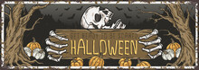 Halloween Party Poster With Skeleton Hand, Skulls And Cemetery. October Autumn Scary Banner With Pumpkins