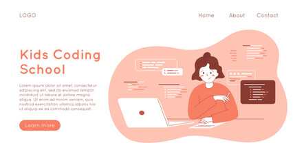 Kids coding school banner with girl sitting with laptop and learning programming language. Digital education concept. Web page with text, schoolchildren, graphic code. Vector smart illustration.